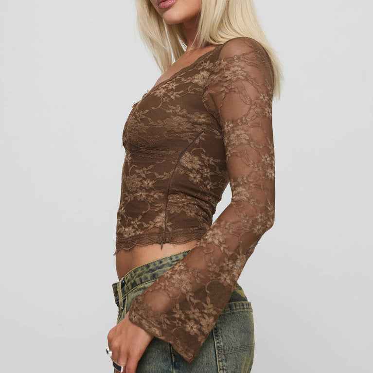 See through Bottoming Shirt Sexy Skinny Short Deep V Plunge Long Sleeve Lace Top