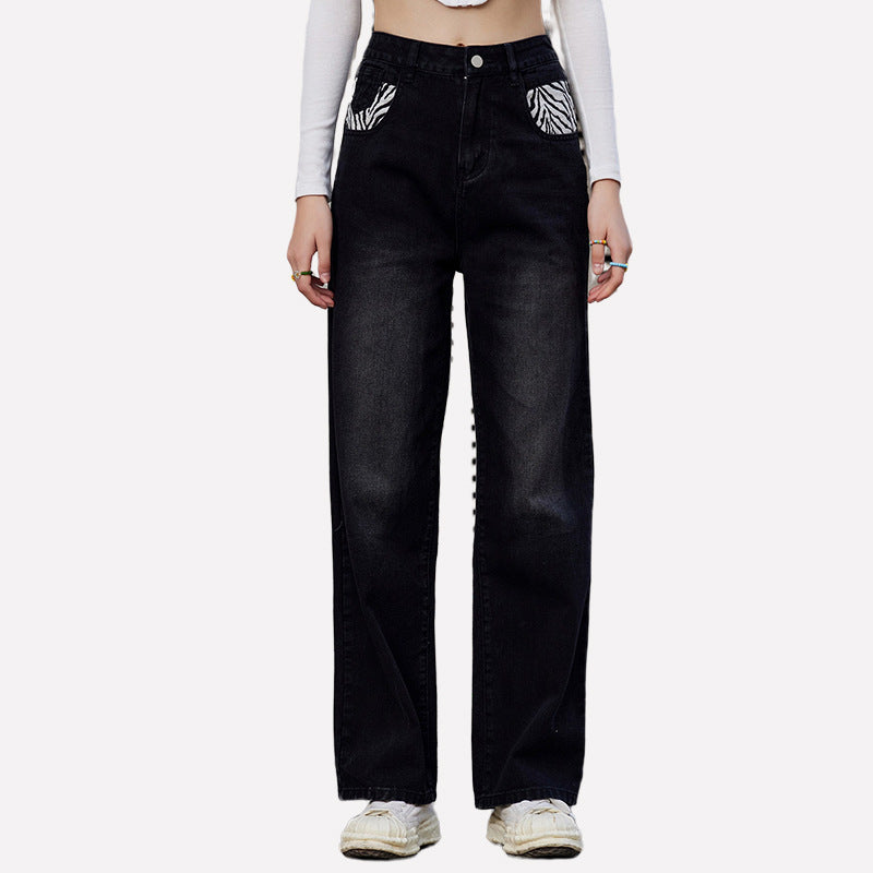 Jeans Women Zebra Pattern Contrast Color Loose Denim Trousers Jeans - ALZO