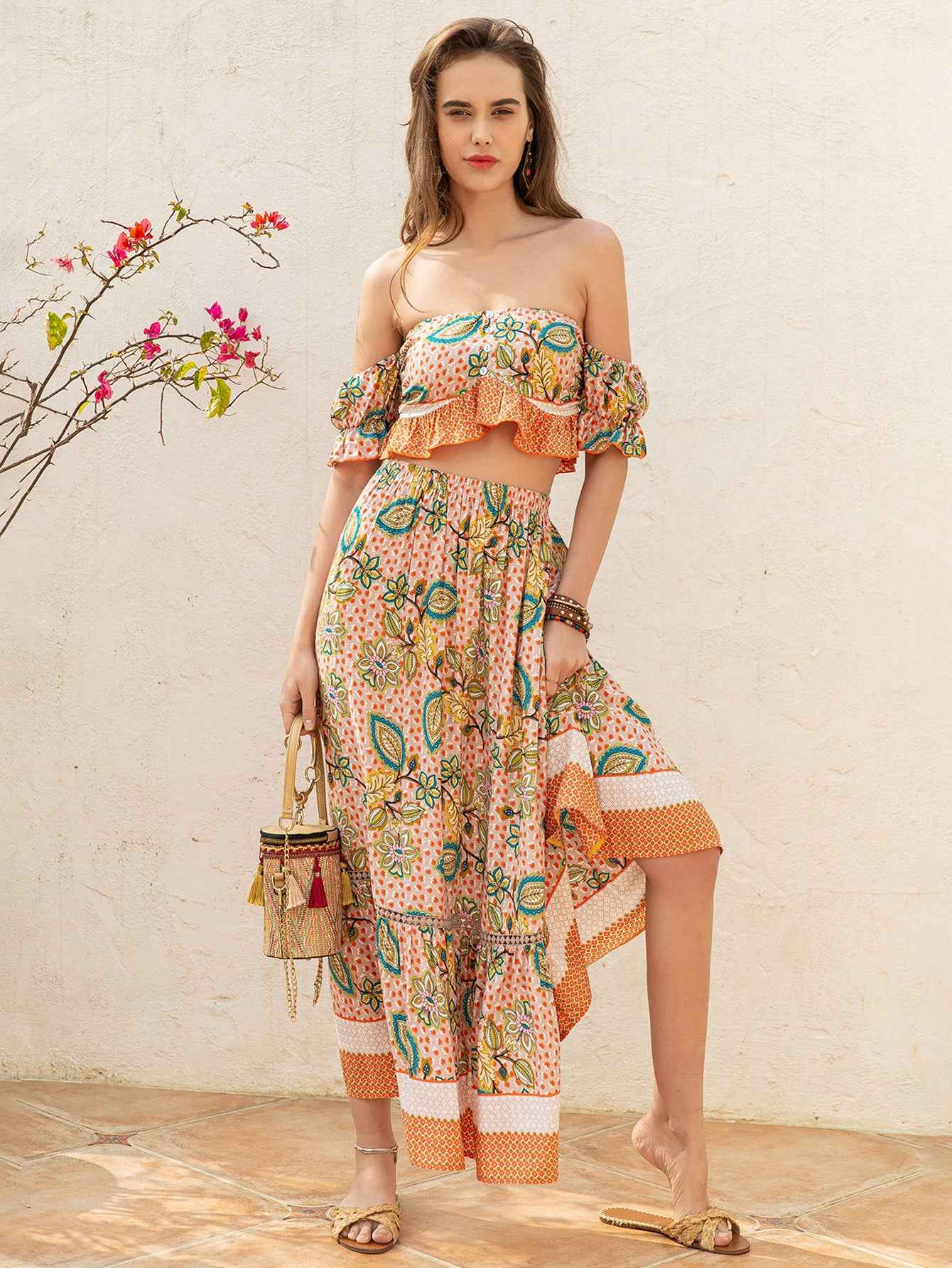 Bohemian Women off Shoulder Top Skirt Set Colorful Floral Leaf Printed Elegant