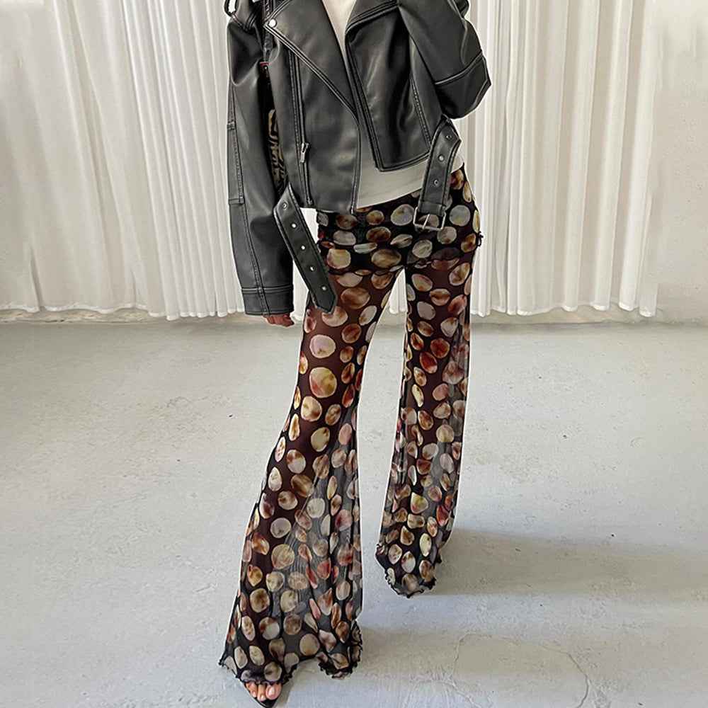 Summer Sexy Leopard Print Mesh Floral Print Trousers Women High Waisted Boot Cut Pants