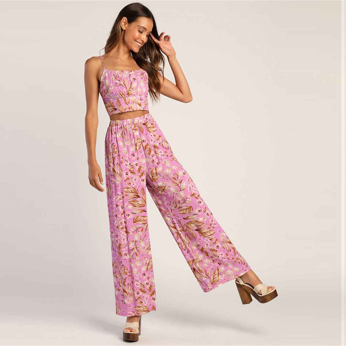 Casual Sexy Sling Vest High Waist Print Wide Leg Pants Two Piece Sets