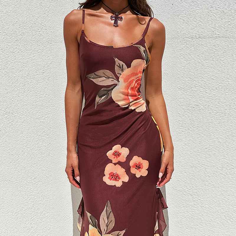 Sexy Long Women Floral Mesh Ribbon Slit Sheath Suspender Dress