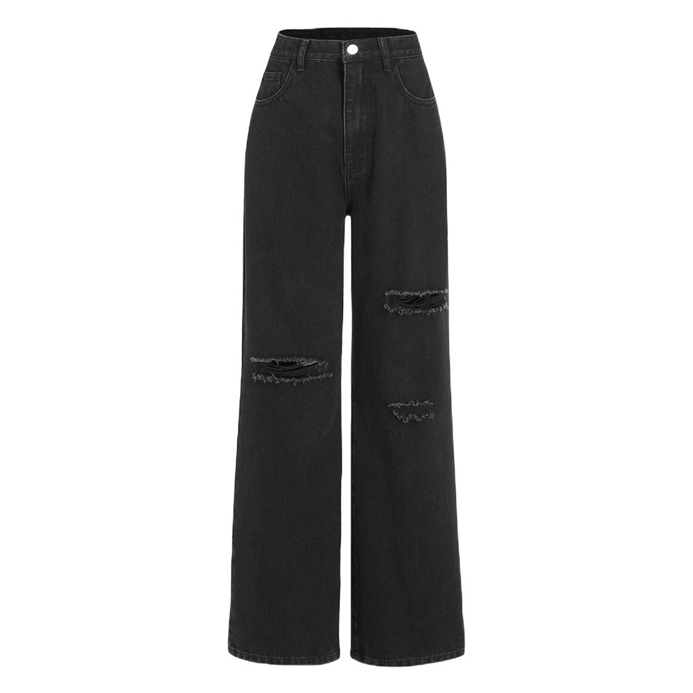 Black Classic Hole Washing Straight-Leg Denim Trousers Jeans - ALZO