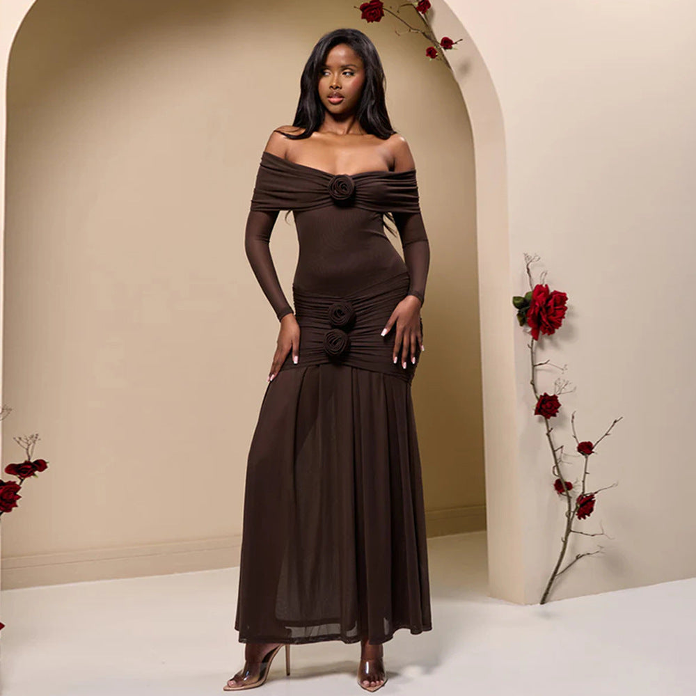 Spring Summer Sexy off The Shoulder Pleated Dress Floral Slim Fit Dress - ALZO