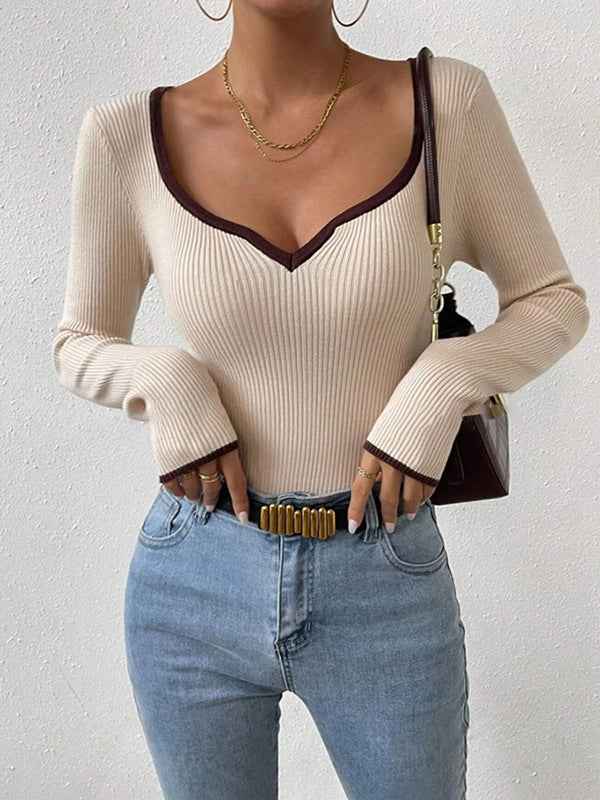 Spring Autumn Hemming V neck Sweater Women Clothing Vertical Pattern Sunken Stripe Slim Fit Slimming Bottoming Shirt