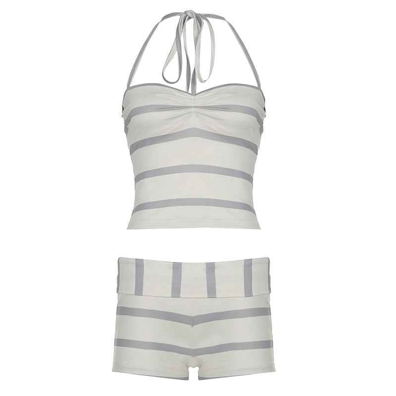 Casual Vacation Printed Striped Contrast Color Halter Lace up Vest Waist Shorts Two Piece Sets