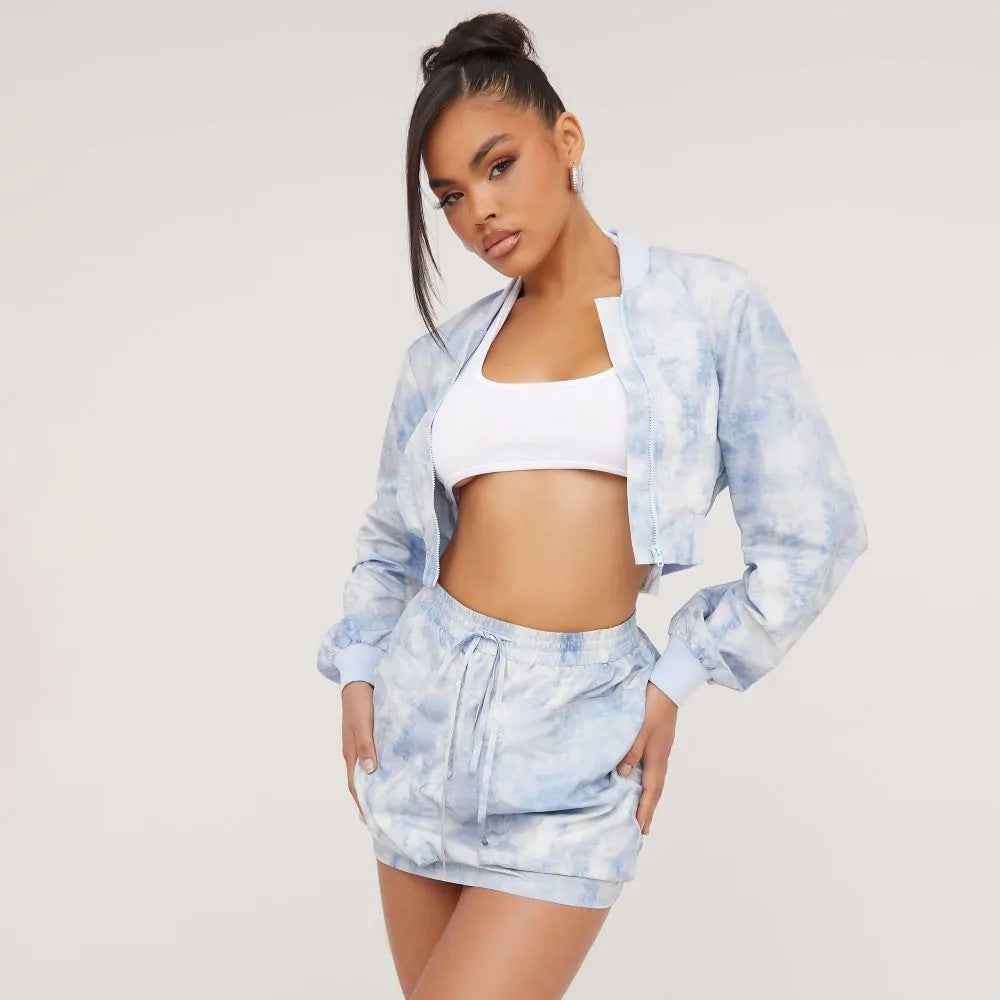 Autumn Winter Tie Dyed Long Sleeved Sweater Elastic Short Skirt Micro Elastic Two Piece Set