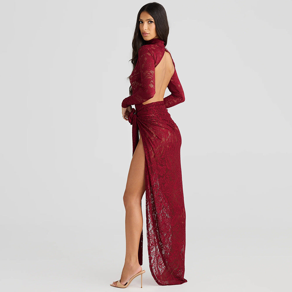Sexy Slim Fit See through Two Piece Sets Half Turtleneck Bare Back Jumpsuit Side Slit Skirt - ALZO