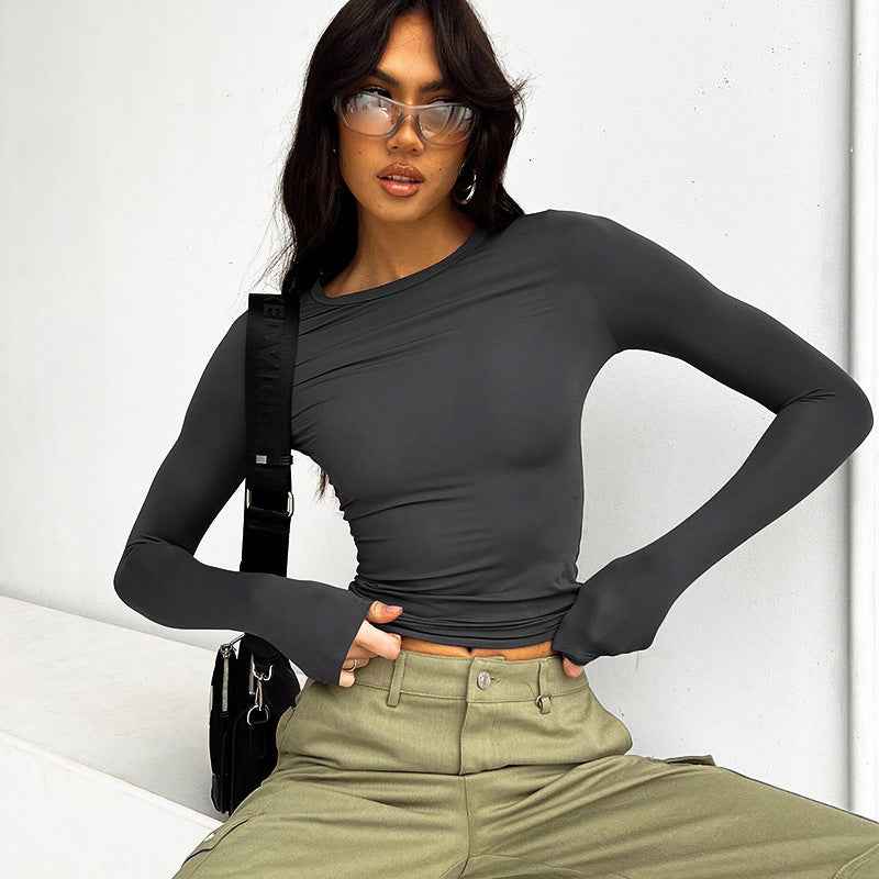 Women Clothing Spring Solid Color round Neck Long Sleeve Basic Top