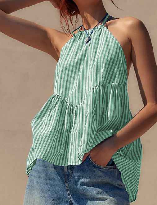 Summer Women Wear Striped Lace up Backless Women Top Sexy