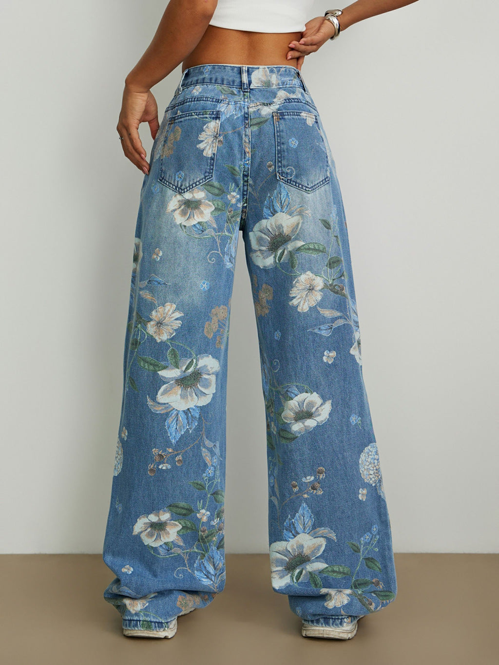 Street Trends Loose Straight Wide Leg Pants Printed Denim Trousers - ALZO