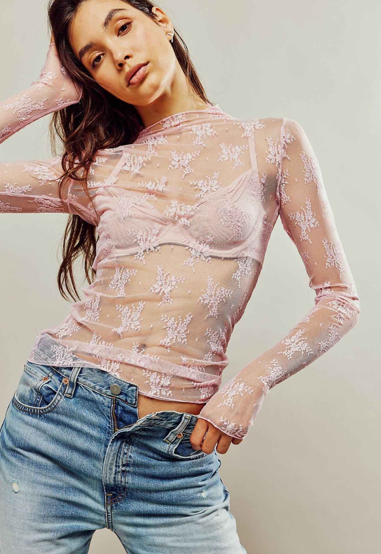 Summer Lace Top Sexy Solid Color Women Clothing Casual Bottoming Long Sleeve Mesh Bottoming Shirt