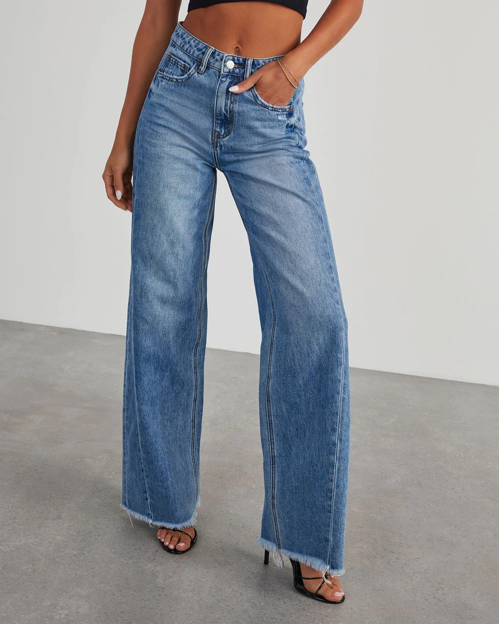 Loose Wide Leg Side Seam Stitching Frayed Hem Jeans Women - ALZO