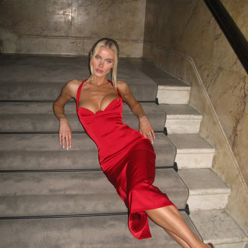 Elegant Women Clothing Slim Fit High Grade Satin Tube Top Halter Backless Red Dress Dress Women - ALZO