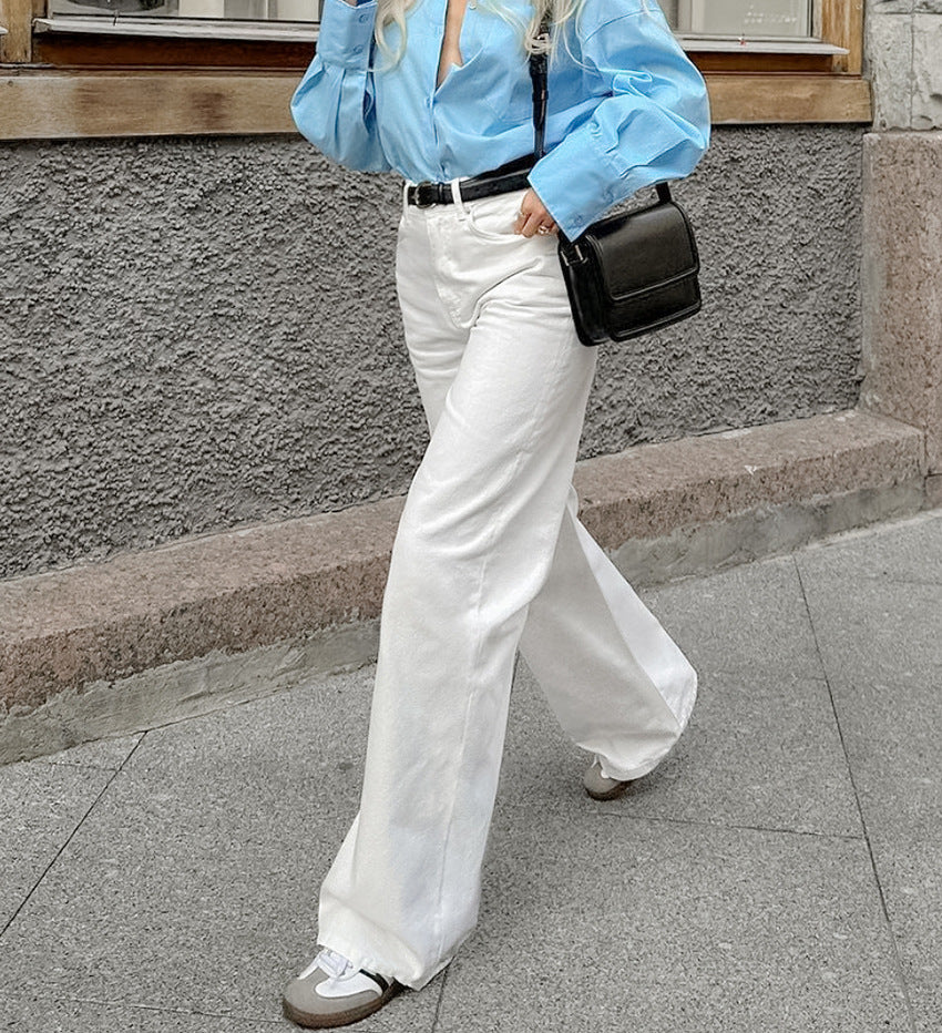 High Street White Straight Cut Mopping Casual Trousers Autumn Winter Trousers - ALZO