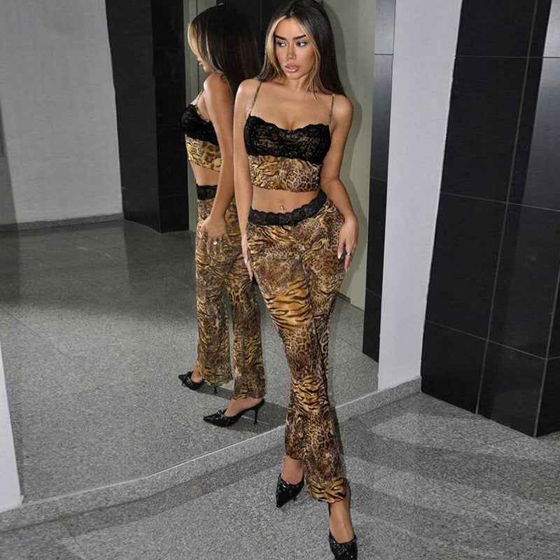 Winter Women Clothing Sexy Leopard Splicing Lace Design Suspenders Slimming Sheath Trousers Set