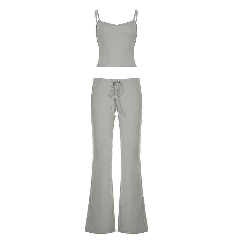 Casual Solid Color Vest High Waist Lace up Trousers Two Piece Set Home Wear Sports Women Clothing