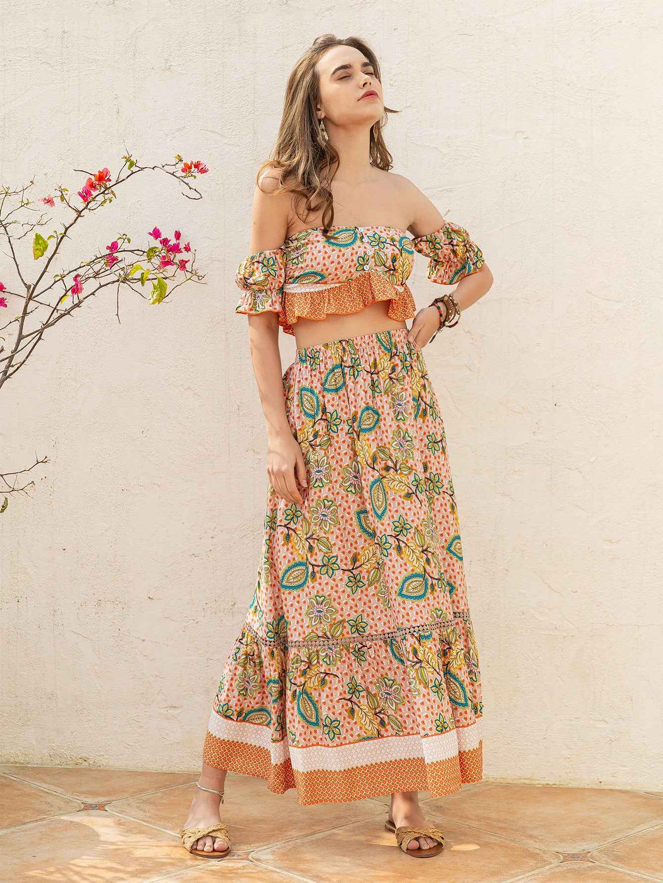 Bohemian Women off Shoulder Top Skirt Set Colorful Floral Leaf Printed Elegant