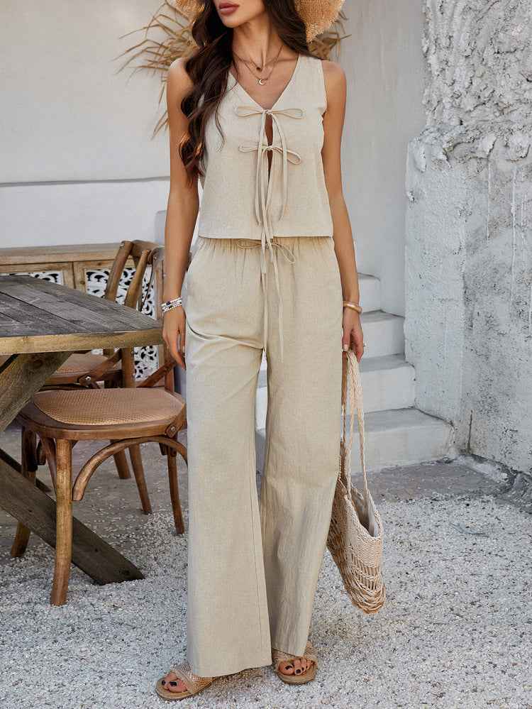 Spring Summer Women Clothing Casual Vacation Solid Color Sleeveless Lace up Top Wide Leg Pants Set