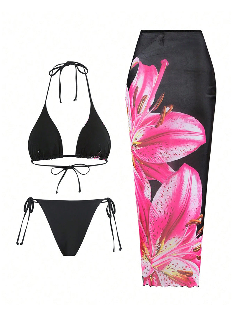 Sexy Bikini Vintage Printed Tropical Skirt Split Strap Beach Three Piece Swimsuit - ALZO
