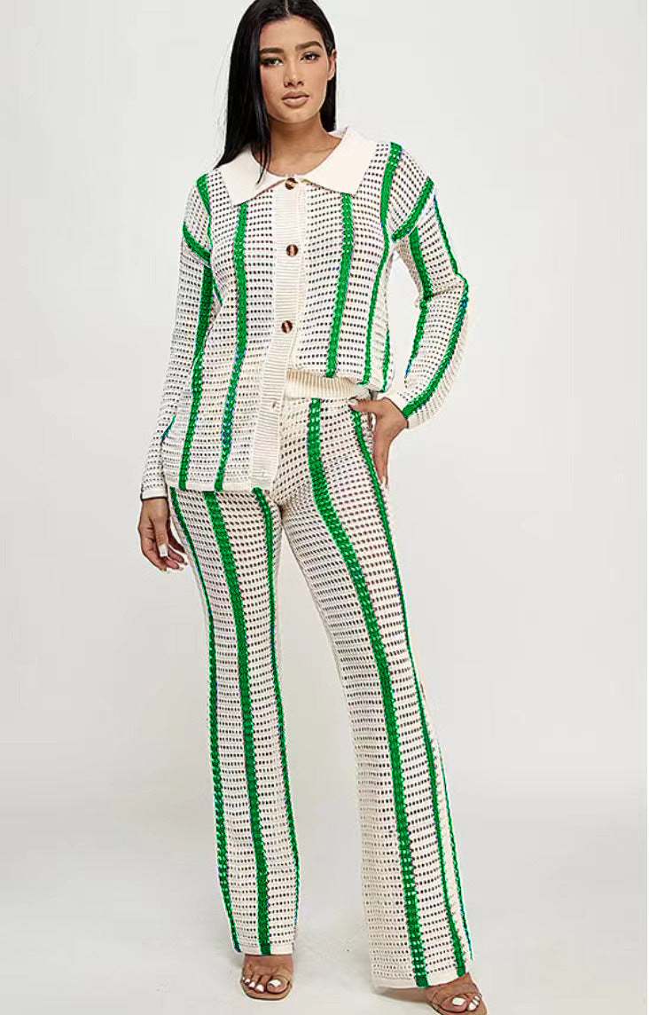 Autumn Sweet Casual Striped Hollow Out Cutout Knitted Cardigan Women Coat Long Sleeve Length Straight Leg Pants Sets - ALZO
