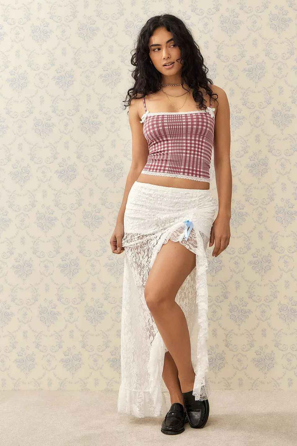 Summer Women Clothing Plaid Lace Sling Slim Fit Tank Top Sweet Spicy