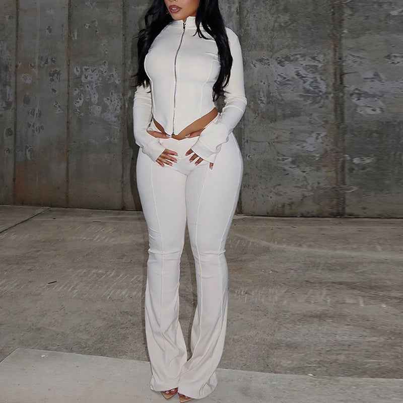 Women Slim Fit Pleated Zipper Solid Color Cropped Blouse Pants Long Sleeve Stand Collar Loose Trousers Two Piece Set