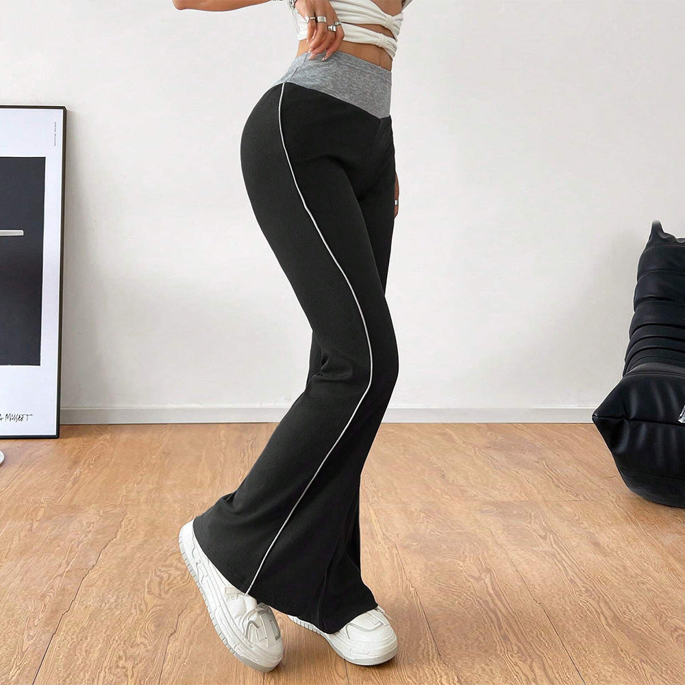 Women Clothing All Match Office Tight Casual Pants Autumn Winter Elastic Waist Contrast Color Wide Leg Pants - ALZO