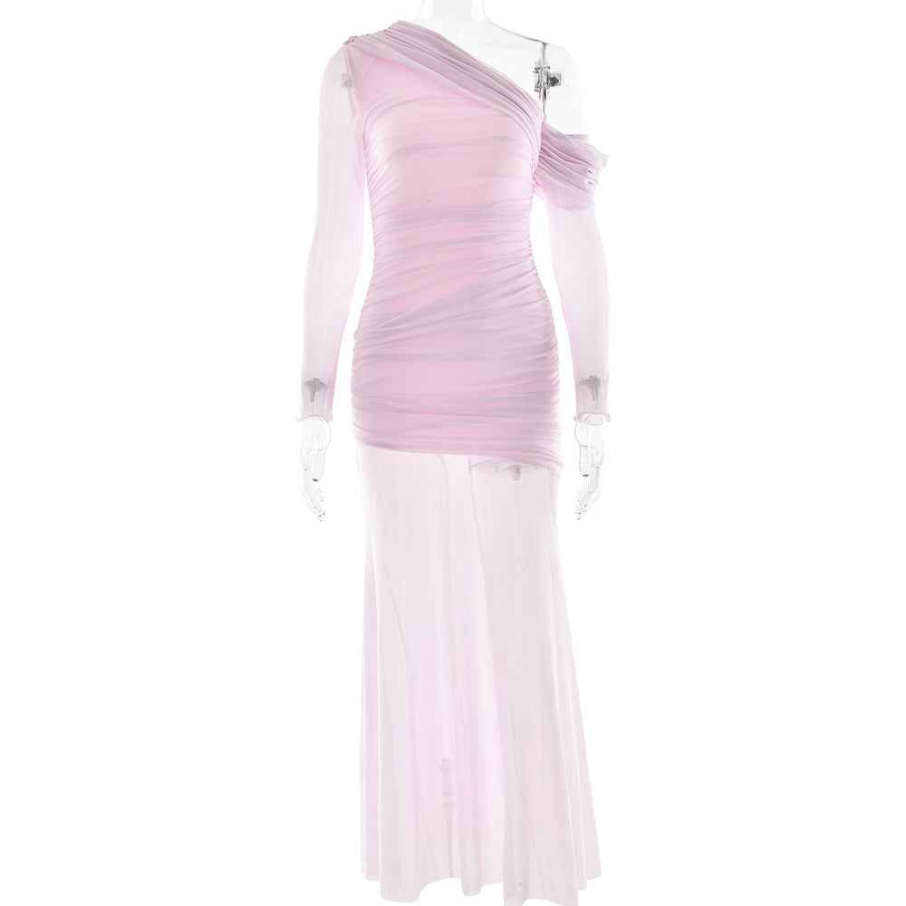Women Dress Mesh Stitching Pleated Solid Color Long Sleeve Slim Fit Maxi Dress