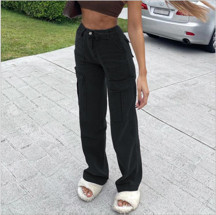 Bellows Pocket Loose High Waist Straight Jeans Cargo Pants Jeans - ALZO