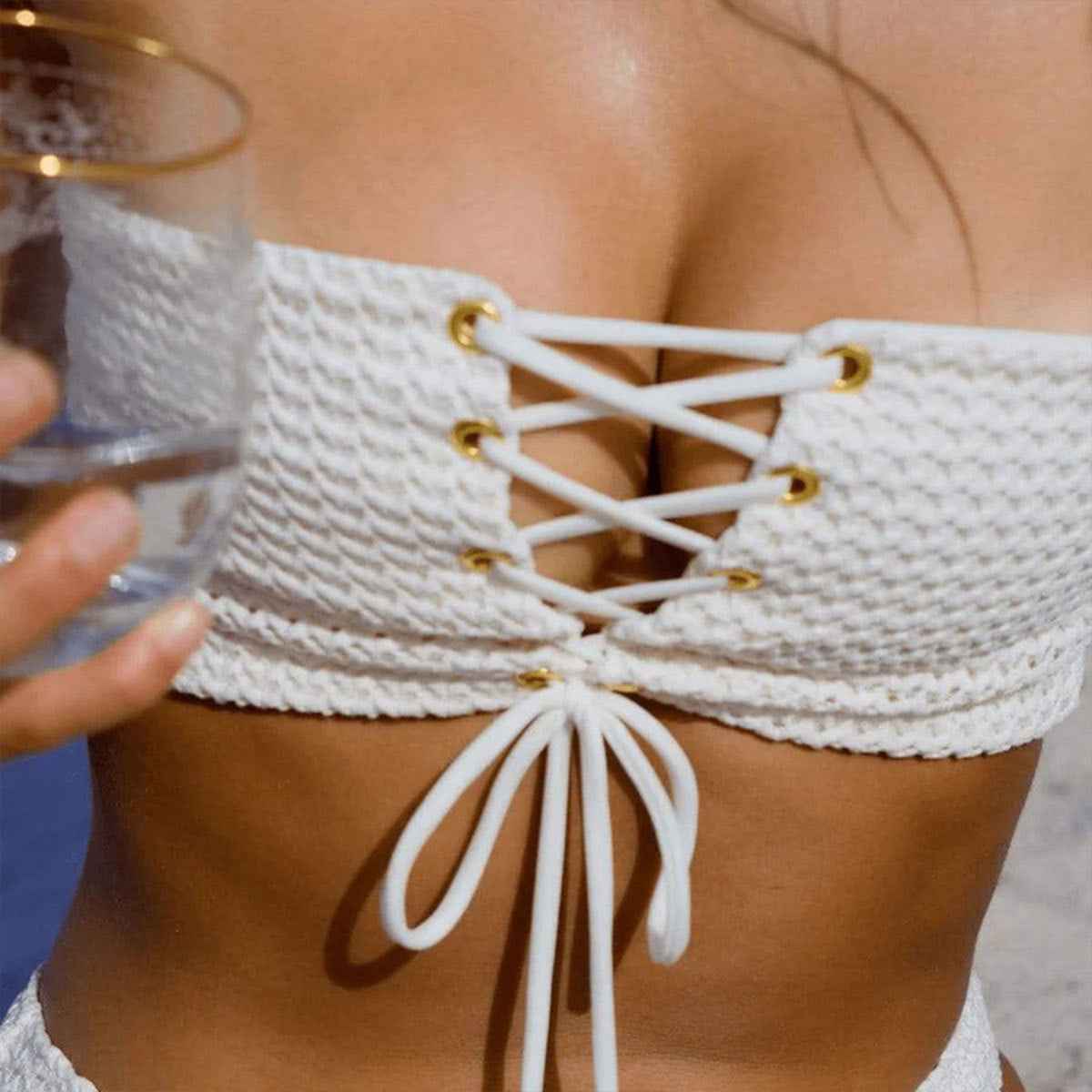 Women Tube Top High Waist with Straps Split Swimsuit Ruffled Solid Color Thread Bikini