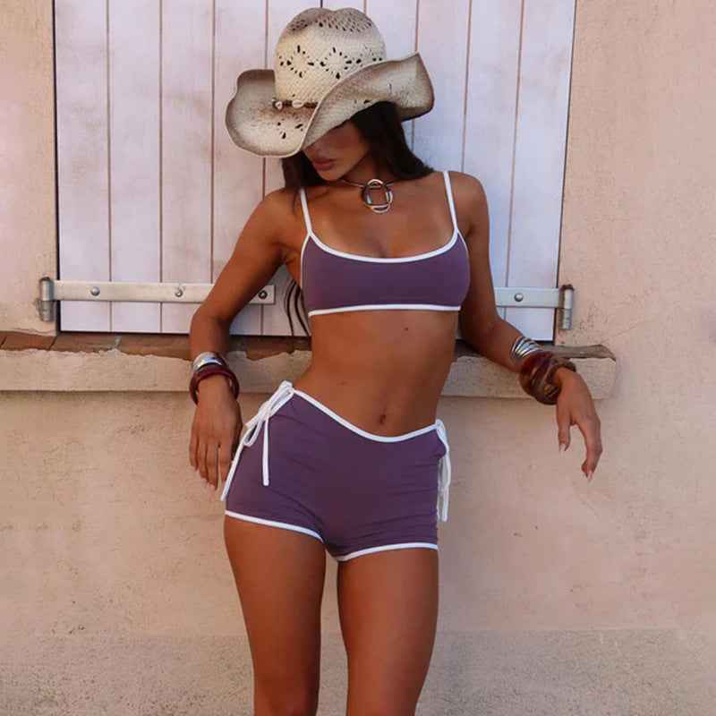 Split Suspender Shorts Suit Edge Contrast Color Sexy Waist Hollow Out Cutout out Sexy Casual Sports Two Piece Sets