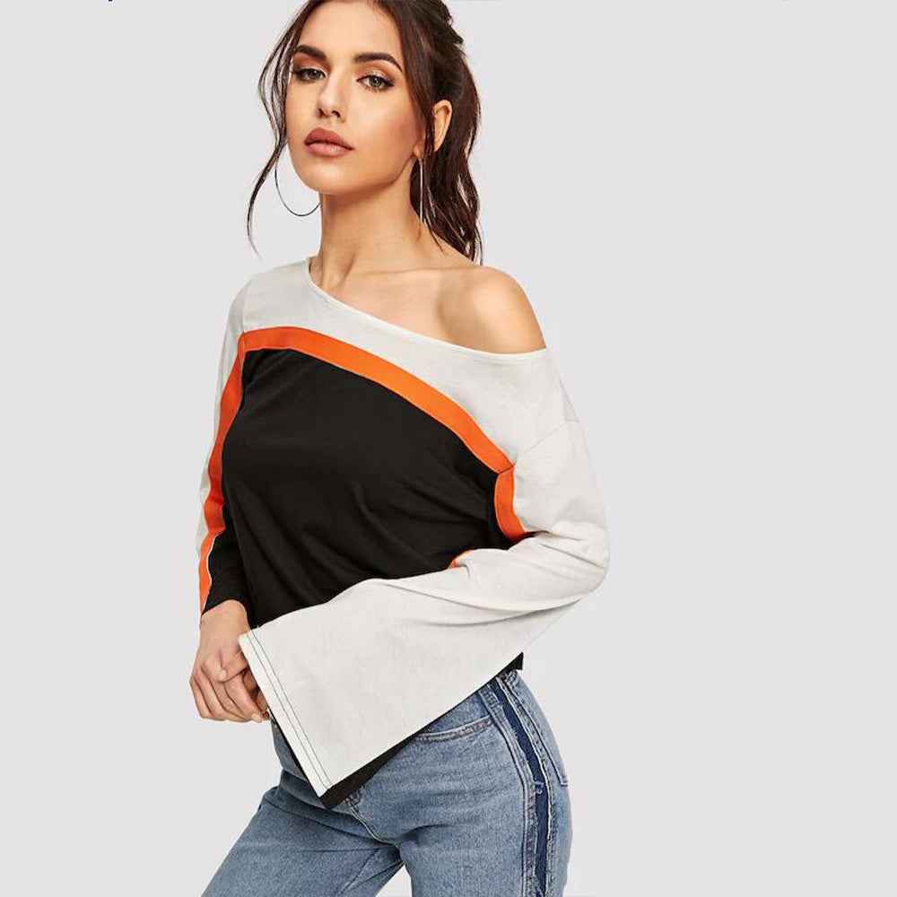 Spring Summer Women Clothing round Neck Pullover Solid Color Patchwork Flared Sleeves T shirt Top for Women