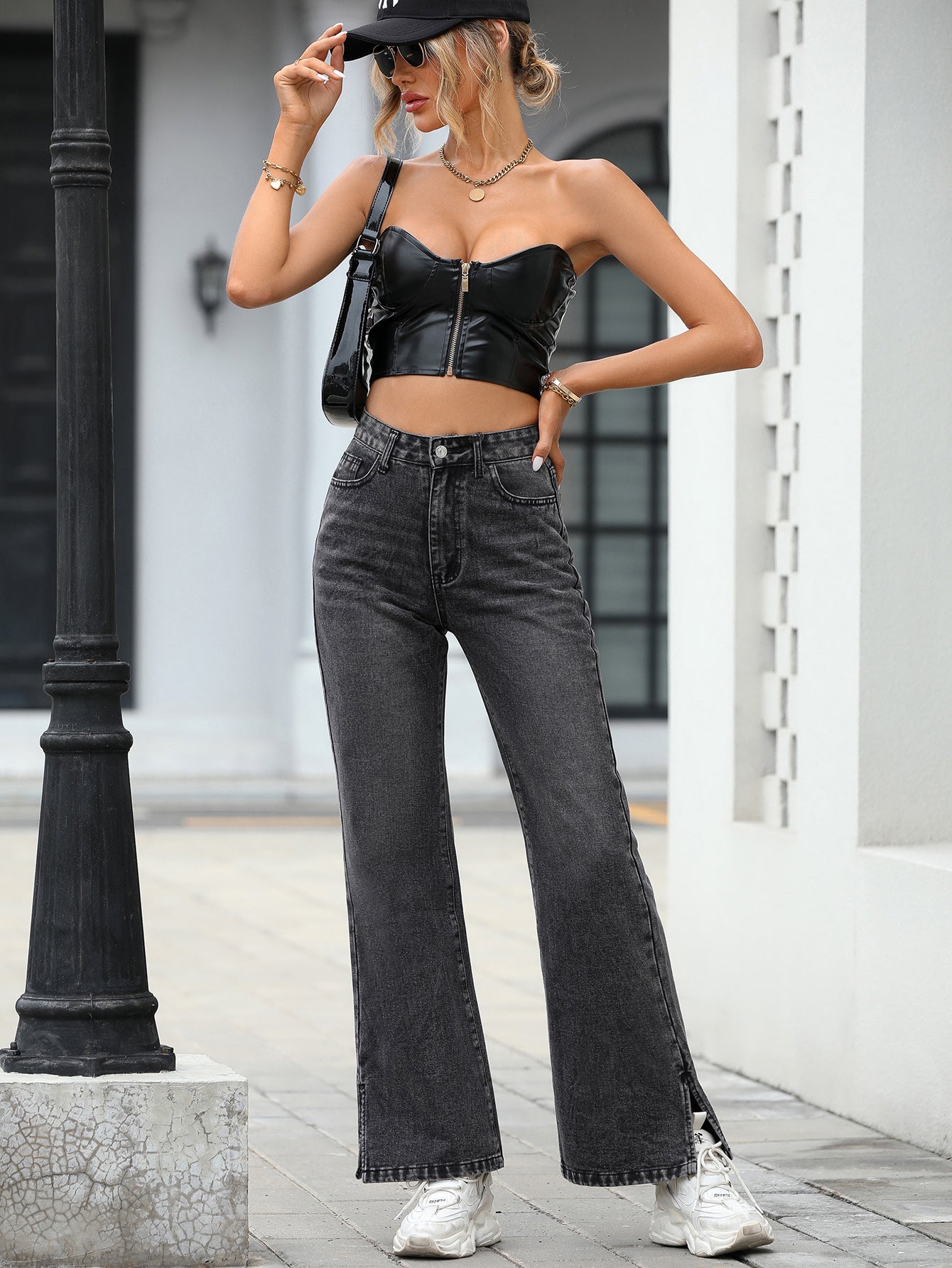 Women Clothing Trendy Thin Looking Casual High Waist Loose Denim Length - ALZO