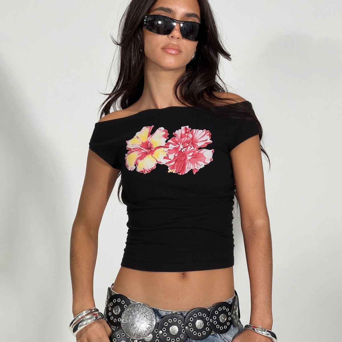 Women Clothing Summer Personalized Printed T shirt off Shoulder Short Sleeve Women Top