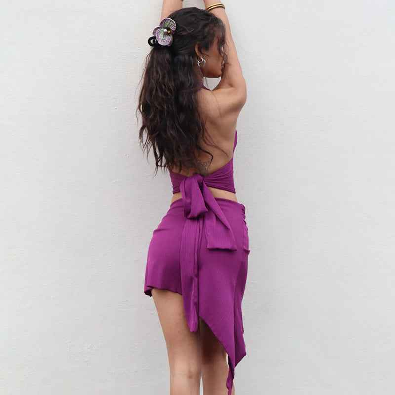 Summer Metal Tube V neck Halter Backless Lace up Vest Belt Buckle Beveled Edge Two Piece Sets