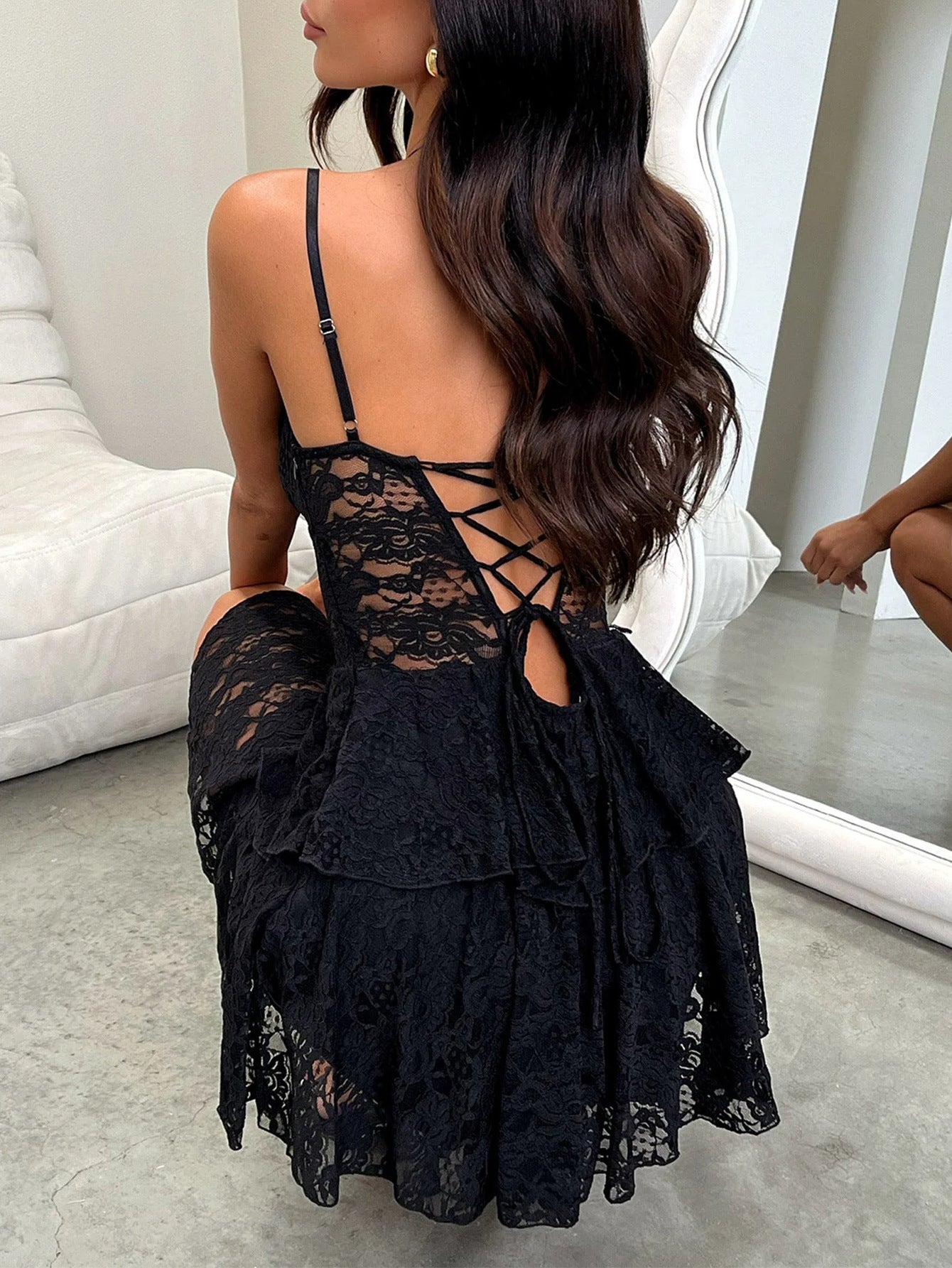 Spring Summer Casual Sexy See through Hollow Out Cutout Solid Color Lace Strap Dress Women Clothing - ALZO