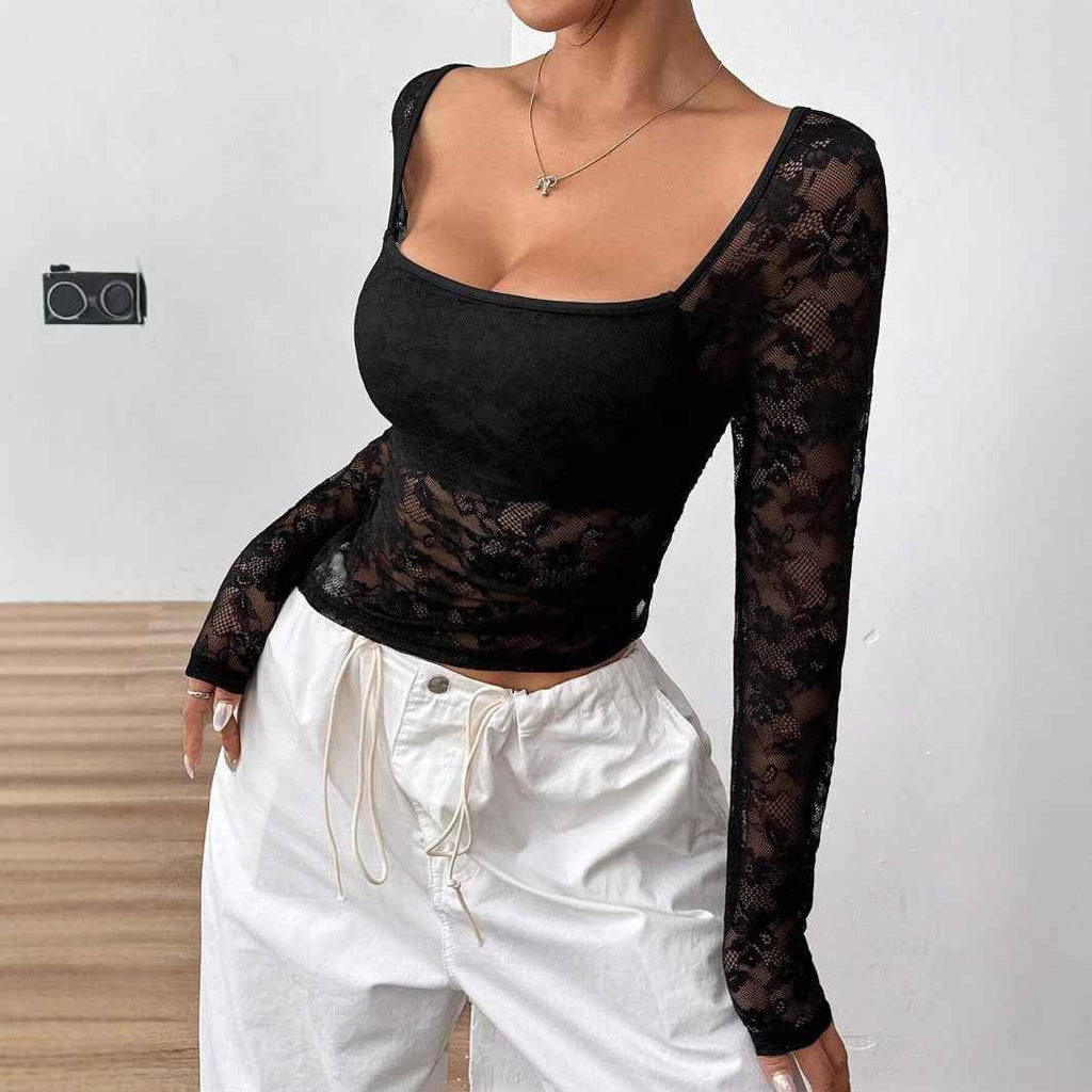 Elegant Women Lace U Collar Asymmetric Hem Design Long Sleeve T Shirt Top Women