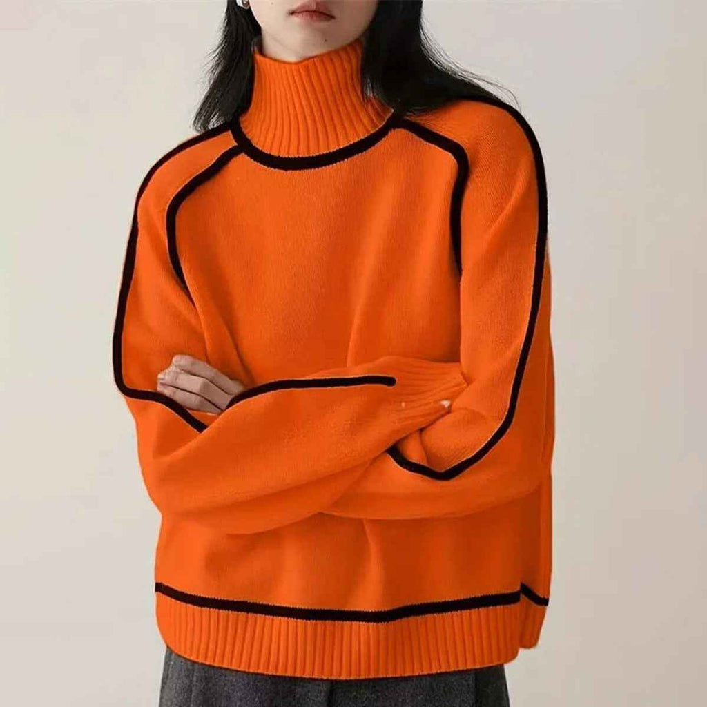 Women Sweater Half Turtleneck with Shoulder Sleeve Top Elegant Line Thread Bottoming Sweater for Women