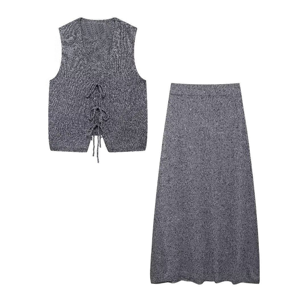 Women Clothing Two Piece Sets V neck Lace up Organization Vest High Waist A line Skirt - ALZO