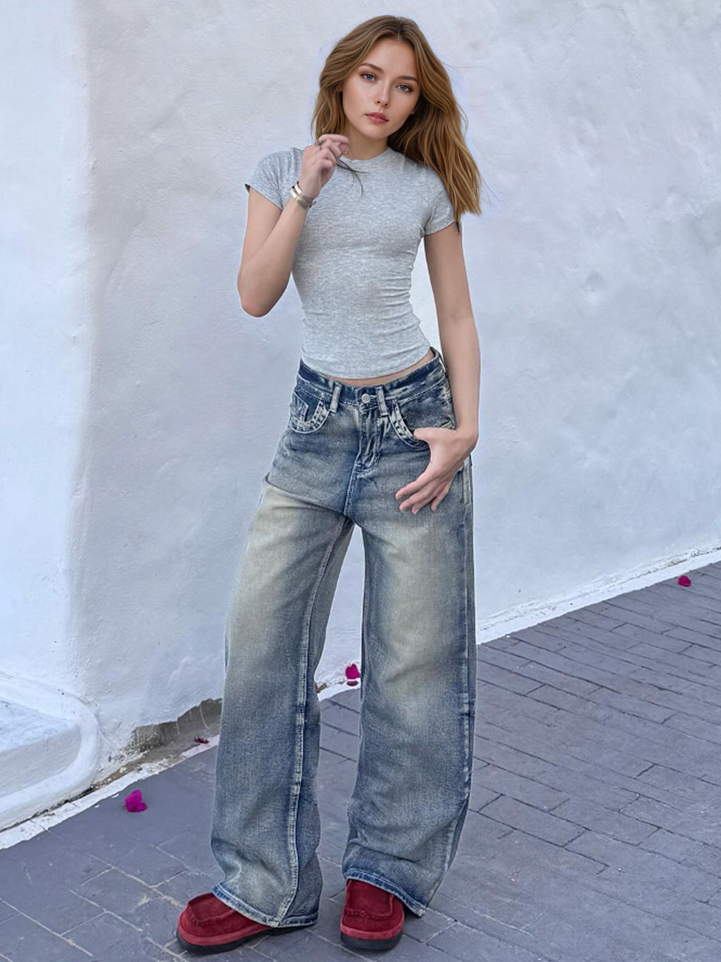 Ladies Loose Back Pocket plus Fold Front Pocket Seam Denim Wide Leg Non Elastic Trousers - ALZO