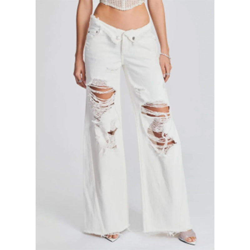 Ladies Jeans Ripped Irregular Asymmetric Side Turn Waist Wide Leg Trousers Women - ALZO