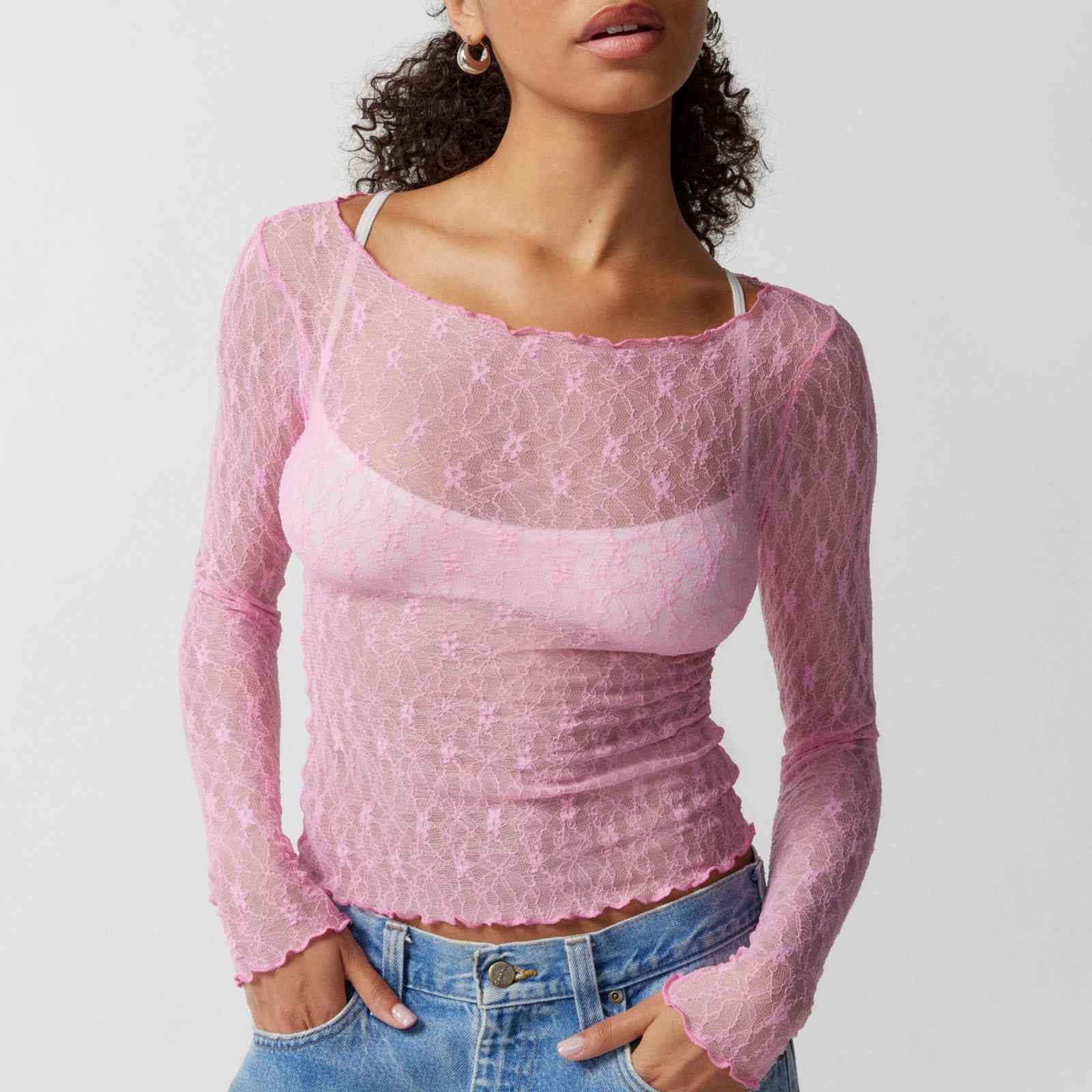 Sexy Transparent Lace Mesh T shirt Wave Edge Slightly Transparent Short Slim Outer Wear Top