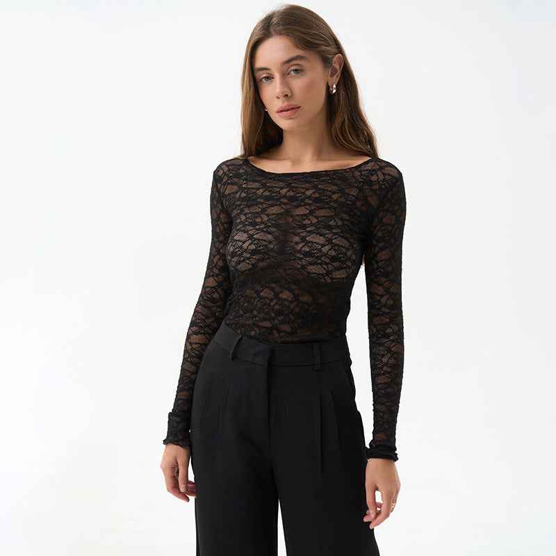 Women Clothing Autumn Winter Lace Transparent Basic Casual Elegant Top Base