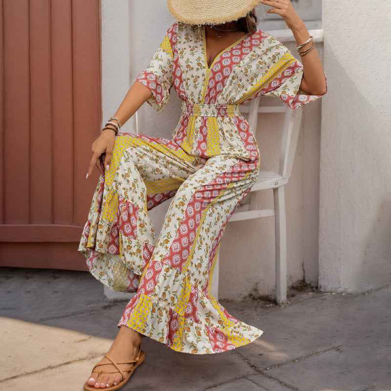 Women Five Quarter Sleeve V neck Geometric Abstract Striped Floral Printed Jumpsuit