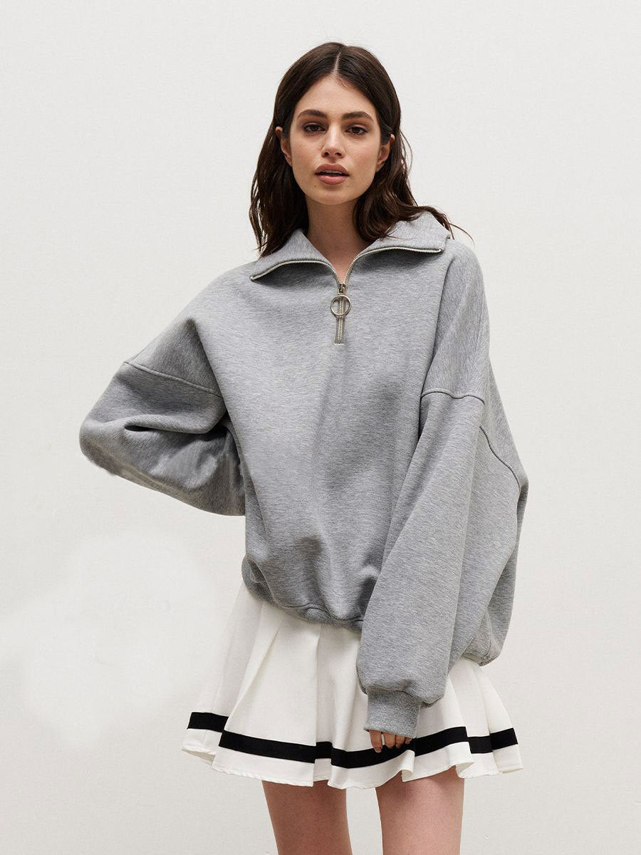 Collared Sweatshirt Autumn Winter Women Unisex Street Loose Lapels Zipper Sweatshirt - ALZO