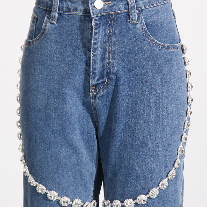 Personality Jeans Women Spring Trendy Ring Rhinestone Stitching Design Straight Pants - ALZO