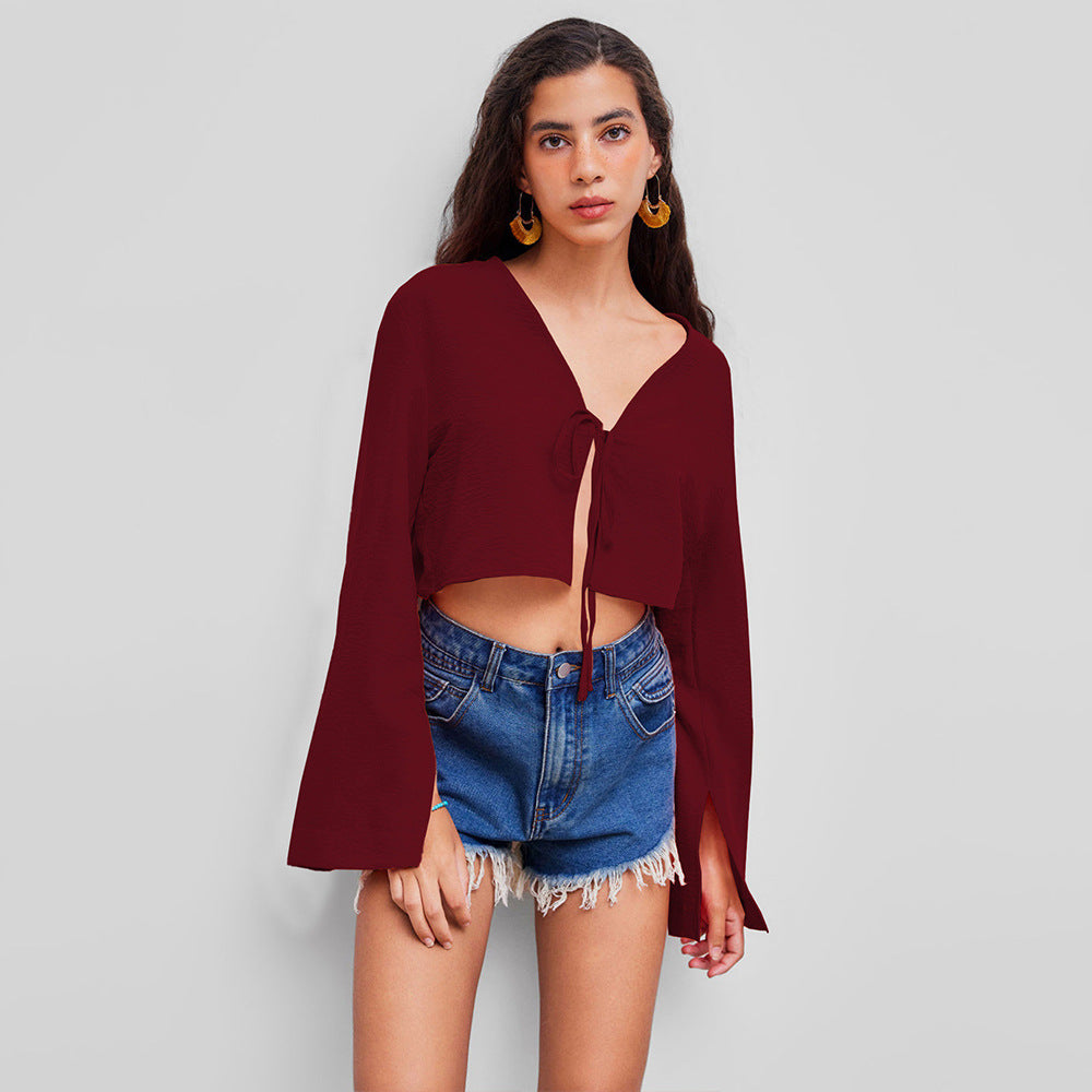 Sexy V Neck T Shirt Autumn Winter Chest Lace Up Niche Wine Red Cardigan Top Women - ALZO