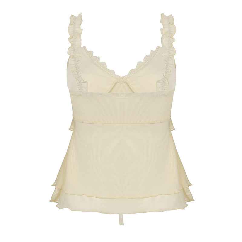 Women Clothing Solid Color Pleated Chest Sexy V neck Lace up Mesh Camisole Ruffle Top