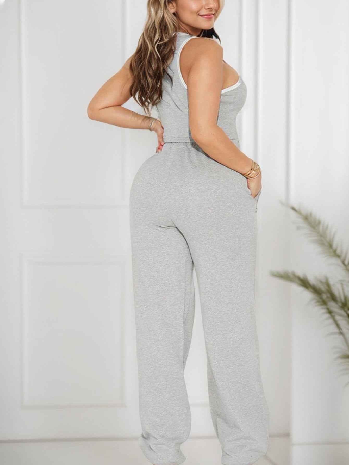 Women Clothing Casual Slim Fit Ribbon Stitching Vest Casual Wide Leg Pants Two Piece Sets Sports Women Clothing